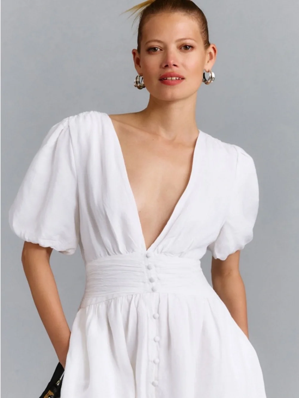 Nwot Anthropologie Katerina White Puff-Sleeve Deep V Mini Dress - Picture 4 of 6